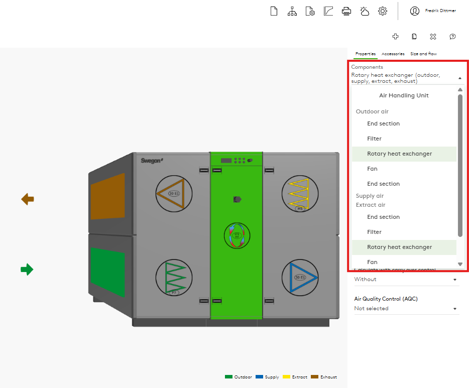 New dropdown list for selecting components in AHU Design.